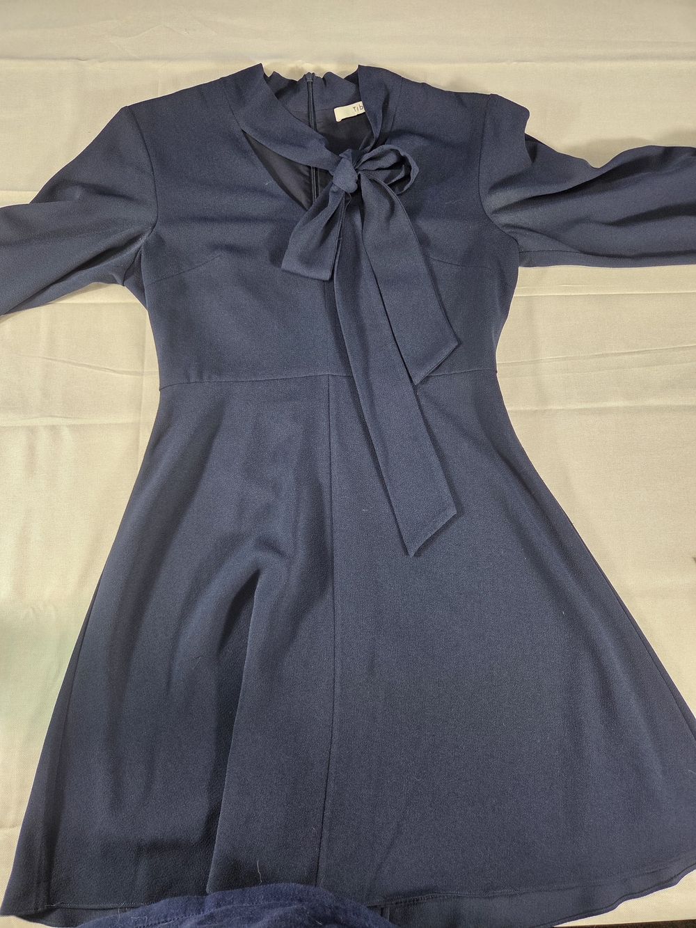 Tibi Women's Small Navy Tie Neck Fit & Flare Knee Length Dress Long Sleeve